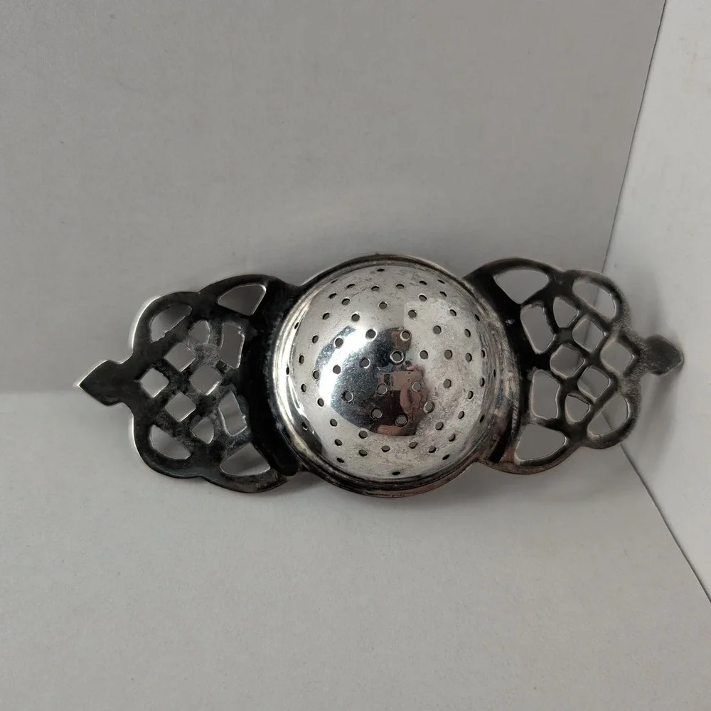 Silver Plate Tea Strainer Infuser Filigree Openwork Handles Victorian Art Deco